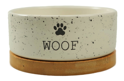 Миска керамическая для собак Bamboo WOOF белая на бамбуковой подставке 470 мл Mr.Kranch 