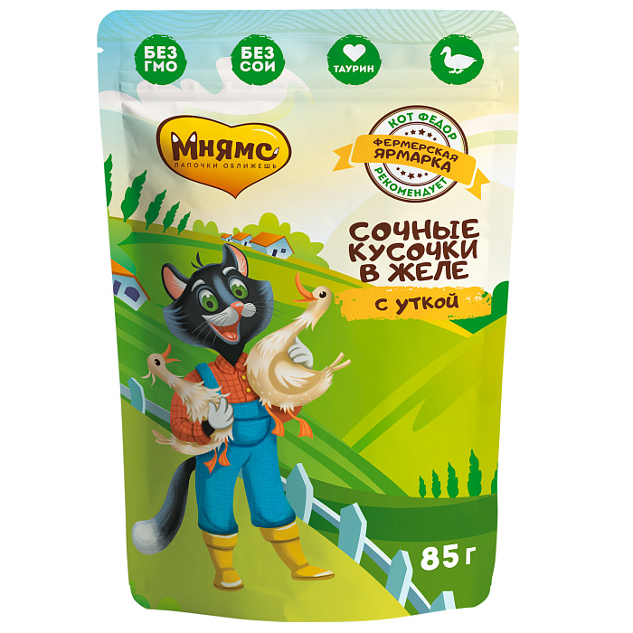 Мнямс влажный корм для кошек "Кот Фёдор" сочные кусочки с уткой желе 85 г