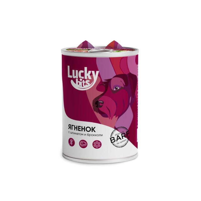 Lucky bits (Лаки Битс) влажный корм для собак с 6 месяцев с с ягненком, брокколи и шпинатом, 400 г