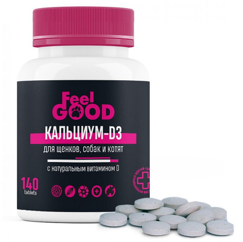 FeelGOOD Кальциум-D3 с натуральным витамином D для щенков, собак и котят, 140 табл.