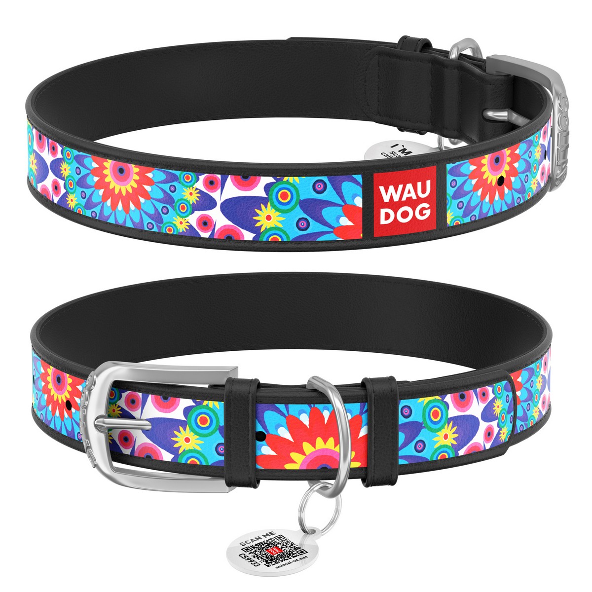 Ошейник для собак кожаный WAUDOG Design с QR паспортом,  "Цветы", Ш 25 мм, Дл 38-49 см черный 37881