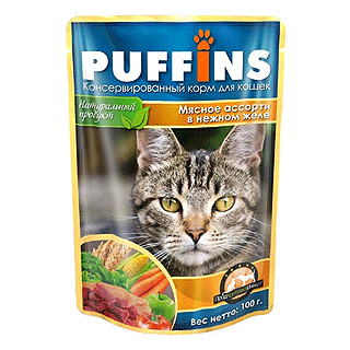 PUFFINS влажный корм для взрослых кошек мясное ассорти в нежном желе 100 г