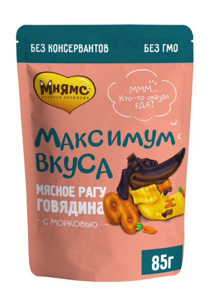 Мнямс “Максимум вкуса” влажный корм мясное рагу с говядиной и морковью для собак 85 г