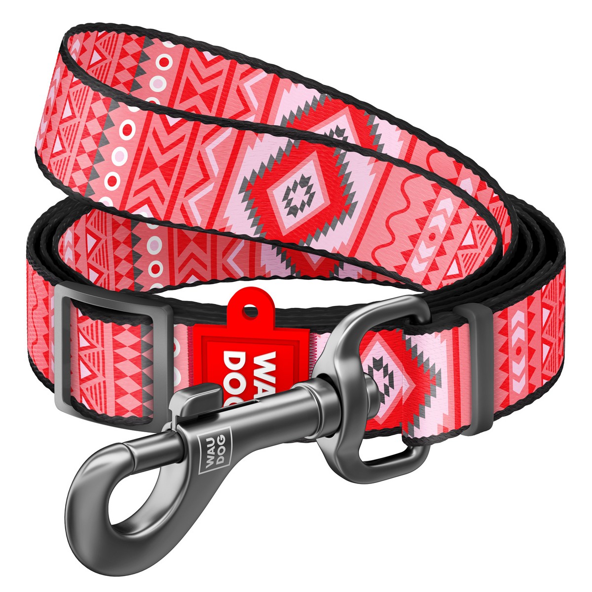 Поводок WAUDOG Nylo, рисунок "Этно красный", регулируемый, Ш 20 мм, Дл 152 5339