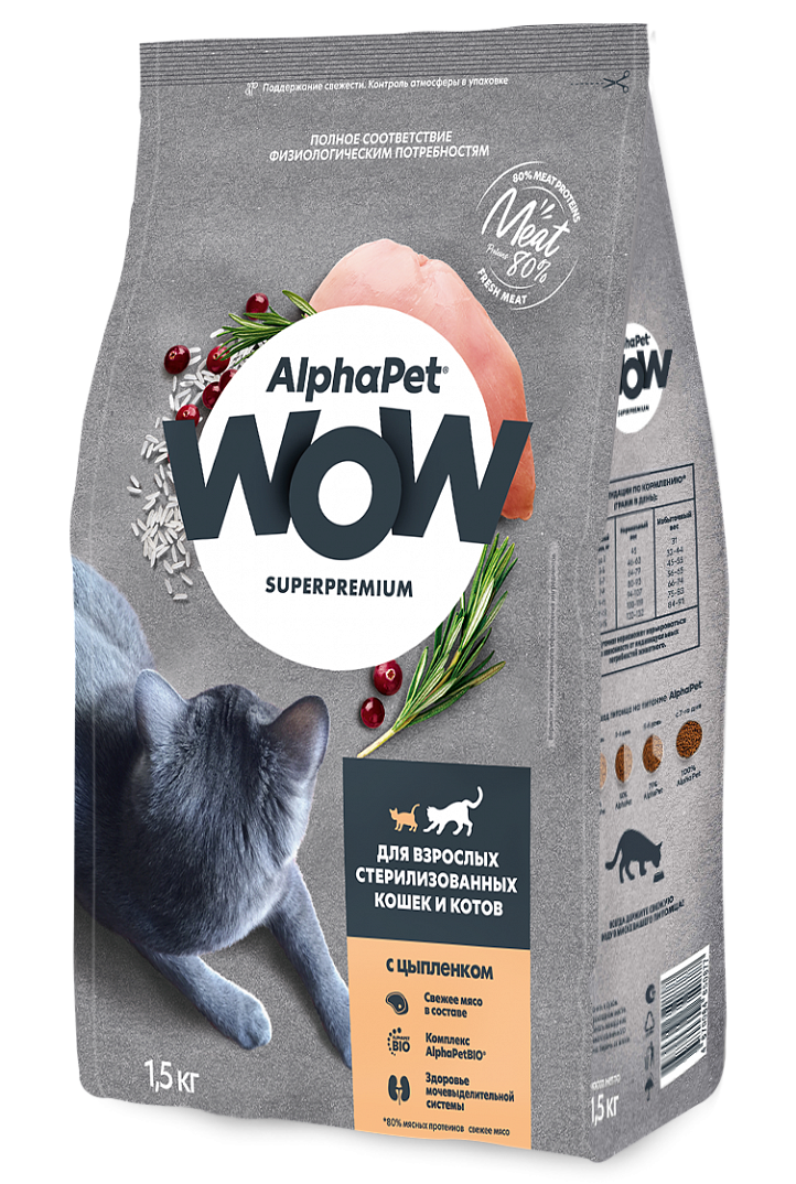 ALPHAPET (АльфаПет) WOW корм сухой для взрослых стерилизованных кошек и котов Цыпленок 1,5 кг