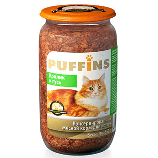 PUFFINS консервы для взрослых кошек кролик и гусь 650 г