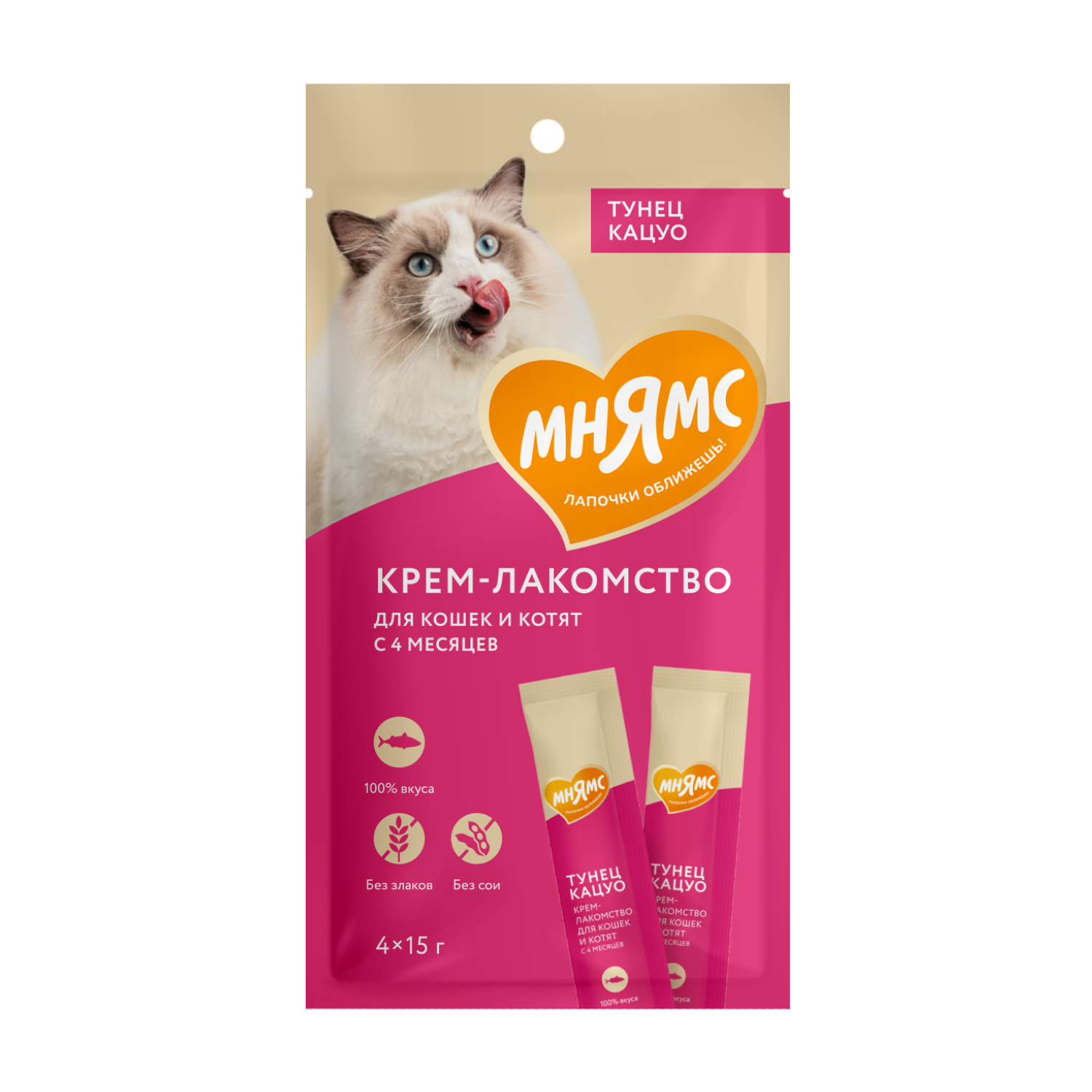 Мнямс Крем-лакомство для кошек с тунцом Кацуо 15 г*4 штуки в упаковке
