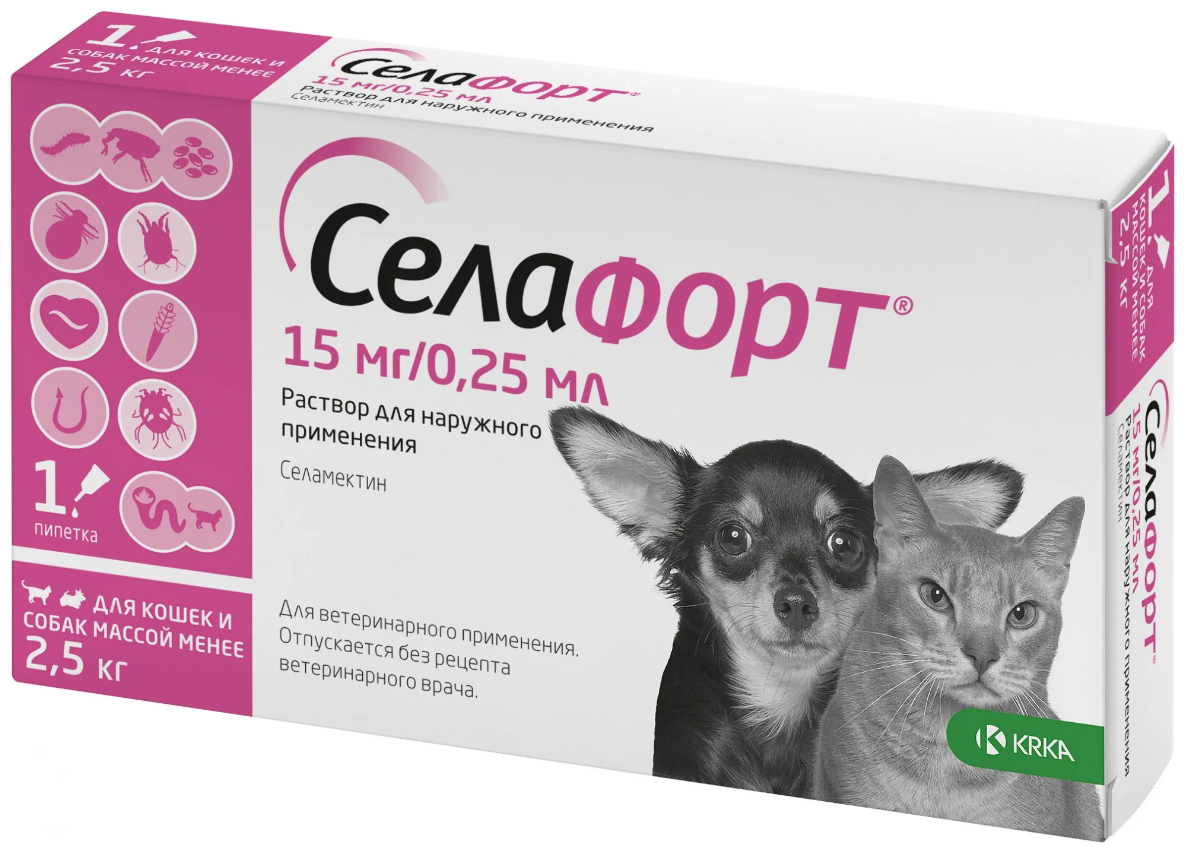 Селафорт от блох, чесоточного клеща и гельминтов для кошек и собак до 2,5 кг 15 мг/0,25 мл, KRKA