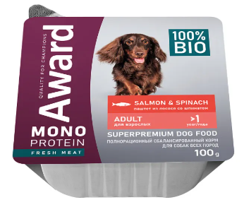 AWARD (Авард) MONOPROTEIN влажный корм для взрослых собак паштет из лосося со шпинатом 100г