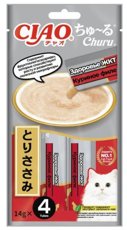 INABA CIAO Крем-лакомство Churu пюре для кошек куриное филе Здоровье ЖКТ, 14 г х 4 шт