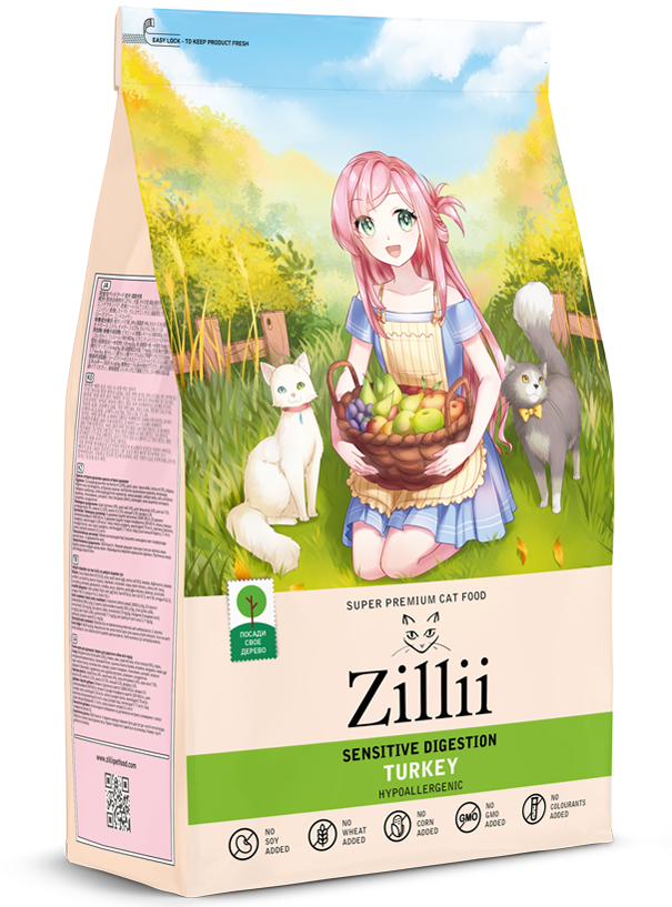 ZILLII (Зилли) Sensitive Digestion сухой корм для взрослых кошек с индейкой, 400 г