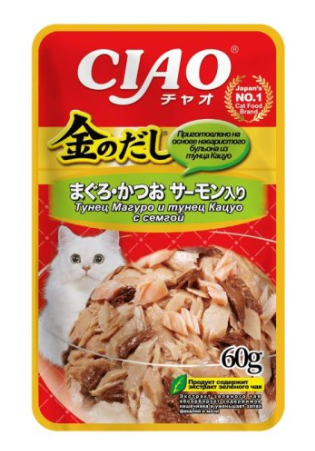 INABA (ИНАБА) CIAO Корм влажный для кошек Тунец Магуро и тунец Кацуо с семгой 60 г