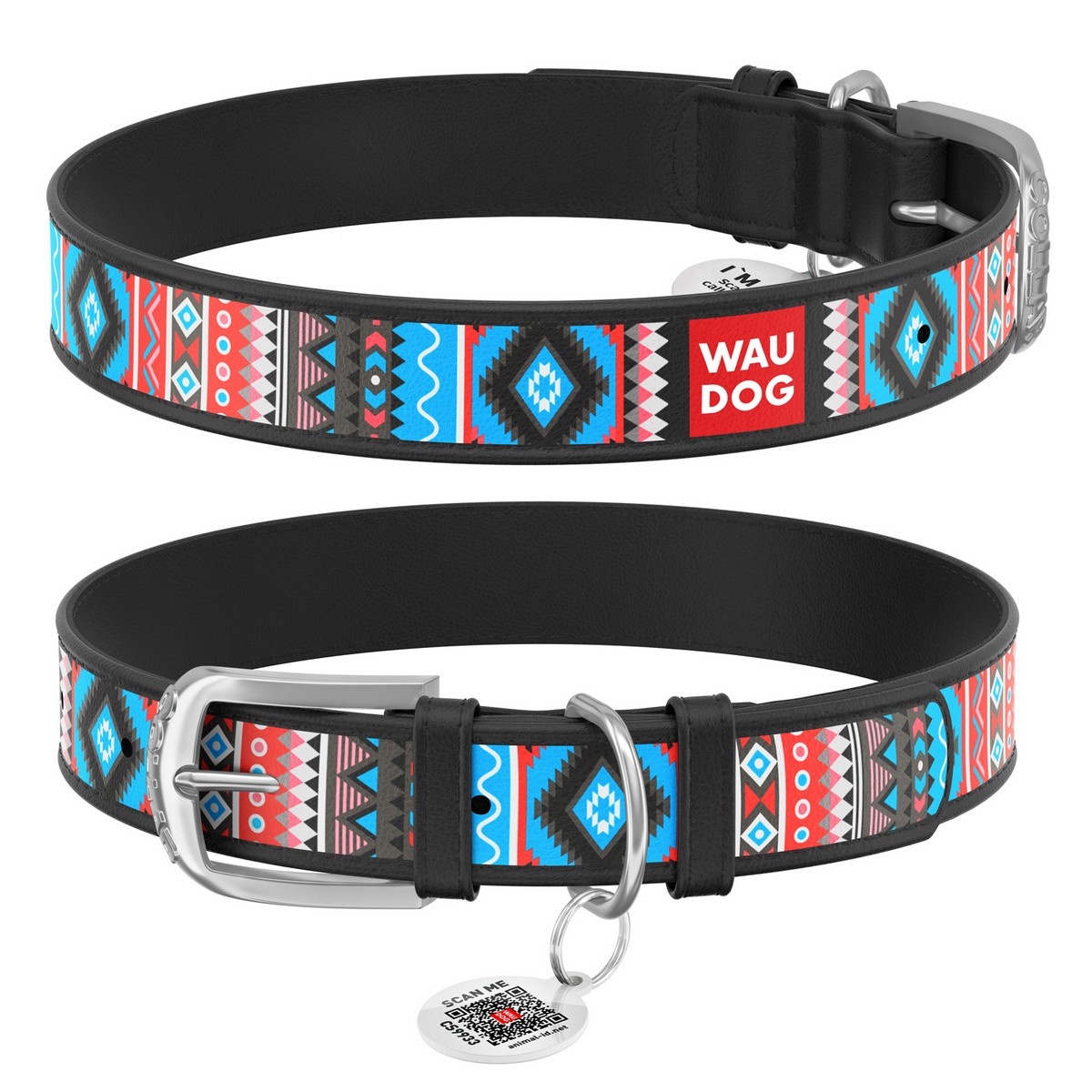 Ошейник WAUDOG Design с QR паспортом, "Этно", Ш 25 мм, Дл 38-49 см черный 37761