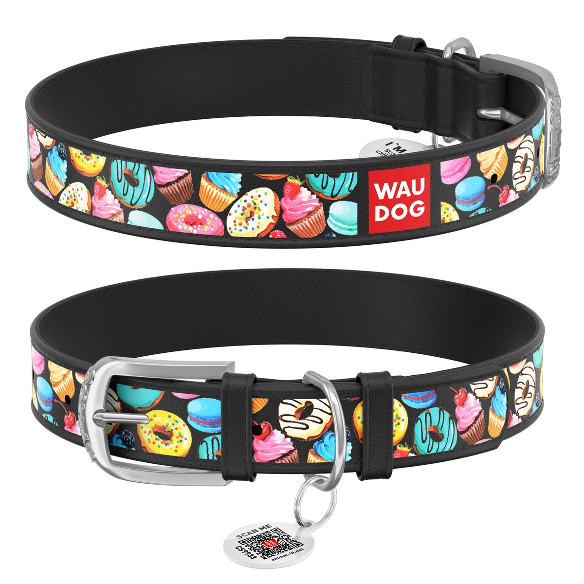 Ошейник WAUDOG Design с QR паспортом "Пончики", Ш 20 мм, Дл 30-39 см черный 36931