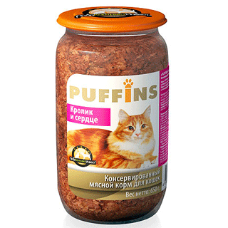 PUFFINS консервы для взрослых кошек кролик и сердце 650 г
