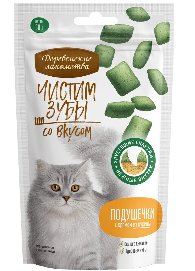 Деревенские лакомства Чистим зубы для кошек Подушечки с кремом из курицы 30г