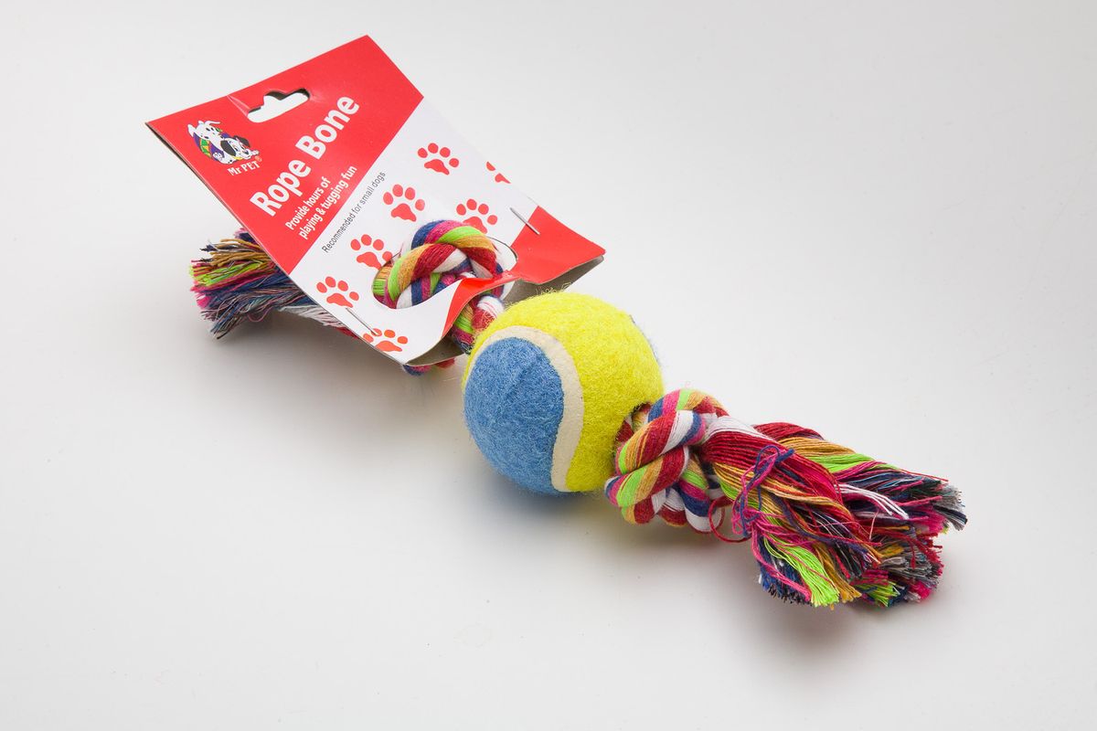 Игрушка для мелких собак канатная 2 узла с теннисным мячом 18 см, Mr Pets