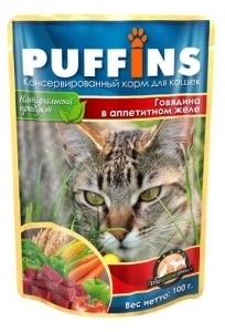 PUFFINS влажный корм для взрослых кошек сочные кусочки говядина в желе 100 г