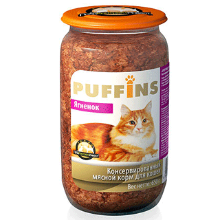 PUFFINS консервы для взрослых кошек ягненок 650 г 60072