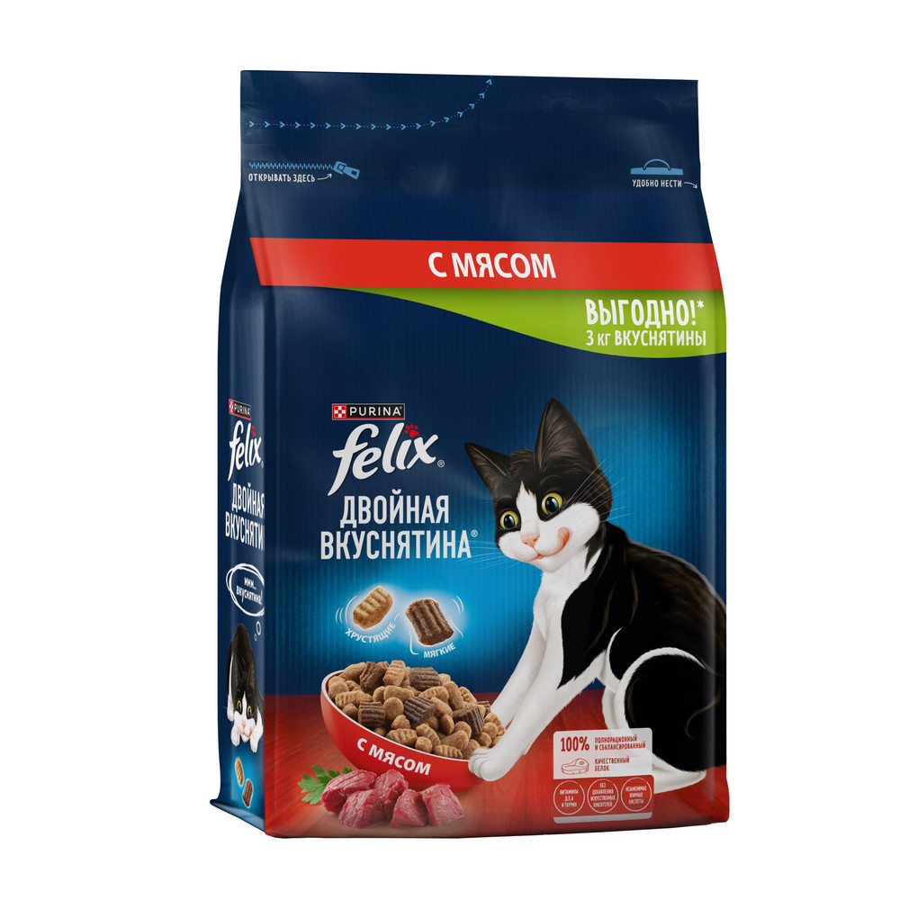 FELIX (Феликс) корм сухой для взрослых кошек Двойная Вкуснятина Мясо 3 кг