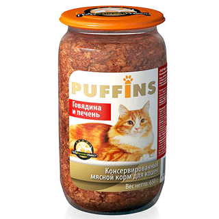 PUFFINS консервы для взрослых кошек говядина и печень 650 г 