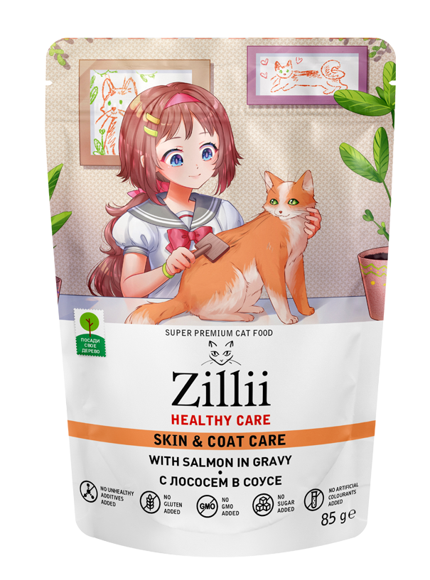 ZILLII Skin & Coat Care Cat Salmon влажные(пауч) для кошек 85г Лосось в соусе