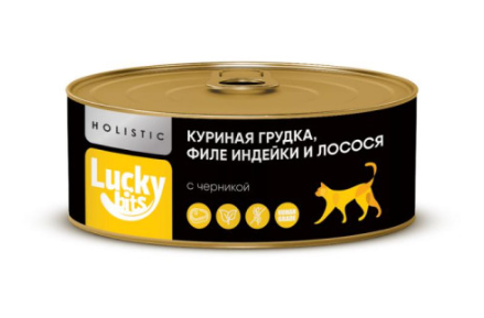 Lucky bits (Лаки Битс) консервы для кошек куриная грудка, филе индейки и лосося с черникой,100 г