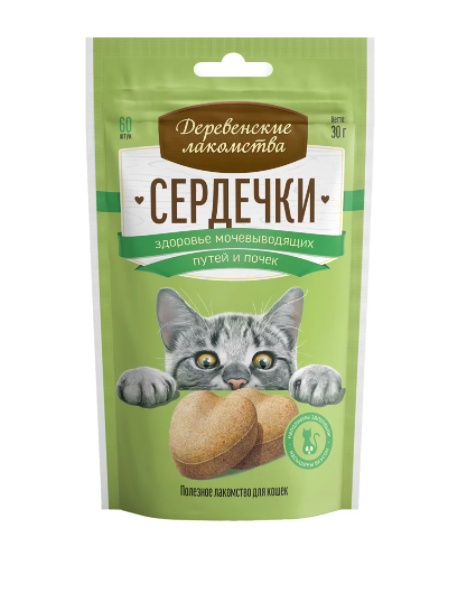 Деревенские лакомства для кошек Сердечки здоровье мочевыводящих путей и почек, 30г