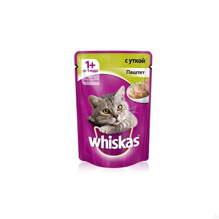 WHISKAS® (Вискас) влажный корм для кошек от 1 года мясной паштет с уткой 85 г пауч 10149167