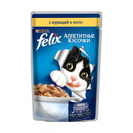 FELIX Аппетитные кусочки влажный корм для взрослых кошек с курицей в желе 85 г