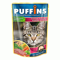 PUFFINS влажный корм для взрослых кошек сочные кусочки ягненка в желе 100 г