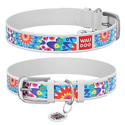 Ошейник для собак кожаный WAUDOG Design с QR паспортом,  "Цветы", Ш 20 мм, Дл 30-39 см белый 378715