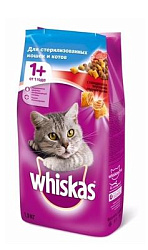 WHISKAS® (Вискас) сухой корм для стерилизованных кошек и котов говядина подушечки 1,9 кг 10139180