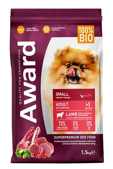AWARD Сухой корм для взрослых собак мелких и миниатюрных пород с ягненком и индейкой 1,5 кг