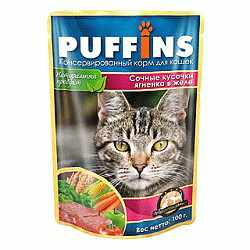 PUFFINS влажный корм для взрослых кошек сочные кусочки ягненка в желе 100 г пауч 60360