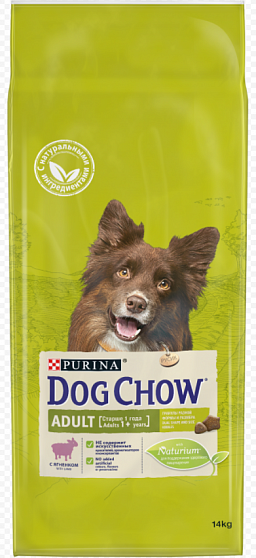 DOG CHOW ADULT для взрослых собак, ягнёнок 12 кг +2кг