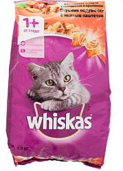 WHISKAS® (Вискас) сухой корм для кошек от 1 года подушечки с паштетом говядина 1,9кг