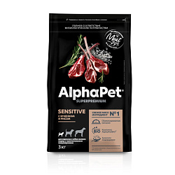ALPHAPET (АльфаПет) сухой корм для взрослых собак мелких пород с чув.пищ. Ягненок/рис 3 кг