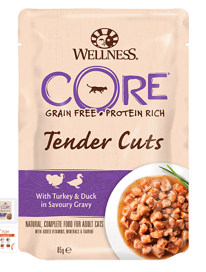 CORE TENDER CUTS влажный корм для кошек из индейки с уткой в виде нарезки в соусе 85 г