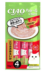INABA CIAO Крем-лакомство Churu пюре для кошек Куриное филе и кальмар, 14 г х 4 шт.