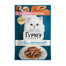 GOURMET PERLE (Гурмэ Перл) влажный корм для взрослых кошек креветка Морской дуэт лосось в соусе 75 г