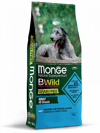 Monge Dog BWild GRAIN FREE беззерновой корм для взрослых собак анчоус с картофелем 12 кг 70004718