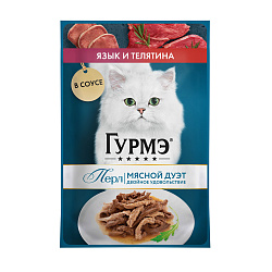 GOURMET PERLE (Гурмэ Перл)  Мясной Дуэт для взрослых кошек Язык Телятина Соус 75 г