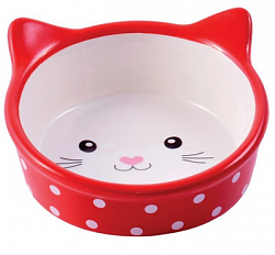 Миска Mr.Kranch керамическая для кошек "Мордочка кошки", 250 мл красная в горошек