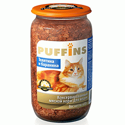 PUFFINS консервы для взрослых кошек телятина и баранина 650 г