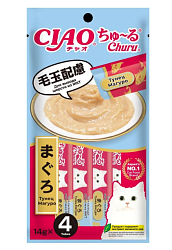 INABA Крем-лакомство Churu пюре для кошек тунец Магуро для вывода шерсти (1 штука)