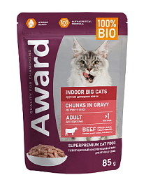 AWARD Влажный корм для взрослых домашних кошек крупных пород кусочки в соусе с говядиной 85г 