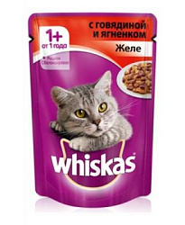 WHISKAS® (Вискас) влажный корм для кошек от 1 года желе с говядиной и ягненком, 85 г пауч 10156238