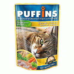 PUFFINS влажный корм для взрослых кошек сочные кусочки курицы в желе 100 г