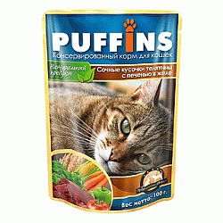 PUFFINS влажный корм для взрослых кошек сочные кусочки телятины с печенью в желе 100 г